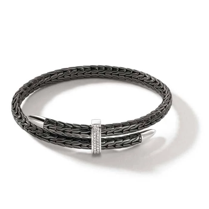 silver bangles for bridal wear -John Hardy Spear Pavé Flex Cuff in Polished and Blackened Sterling Silver - Size Large