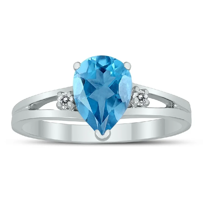 8X6MM Blue Topaz and Diamond Pear Shaped Open Three Stone Ring in 10K White Gold