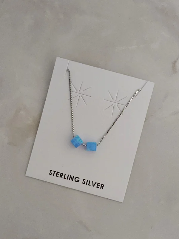 trendy long necklaces for women -Sterling Silver Blue Lab Opal Double Cube Necklace