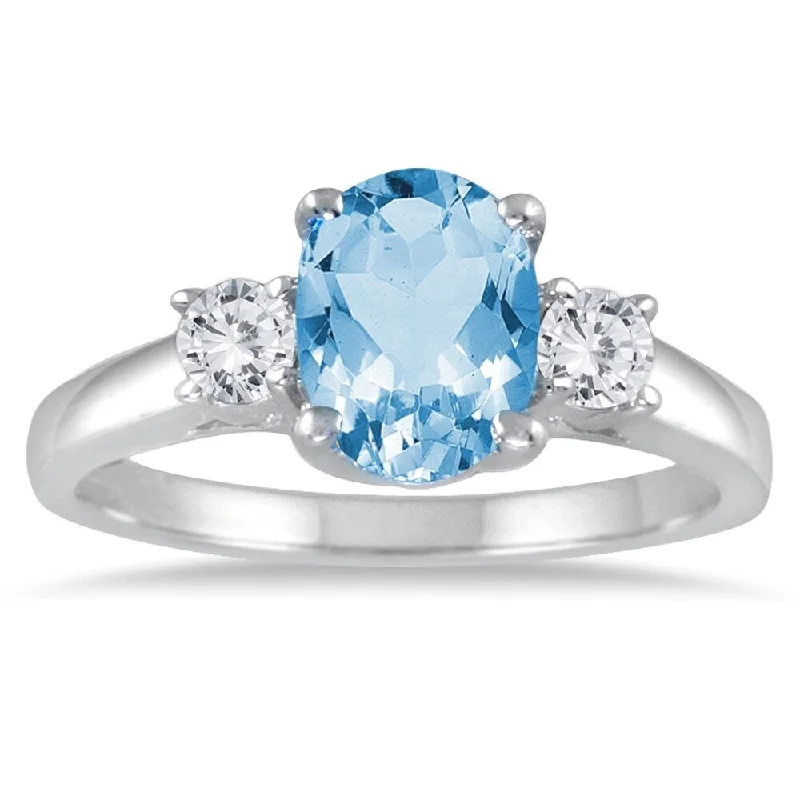 1 3/4 Carat Blue Topaz and Diamond Three Stone Ring 14K White Gold