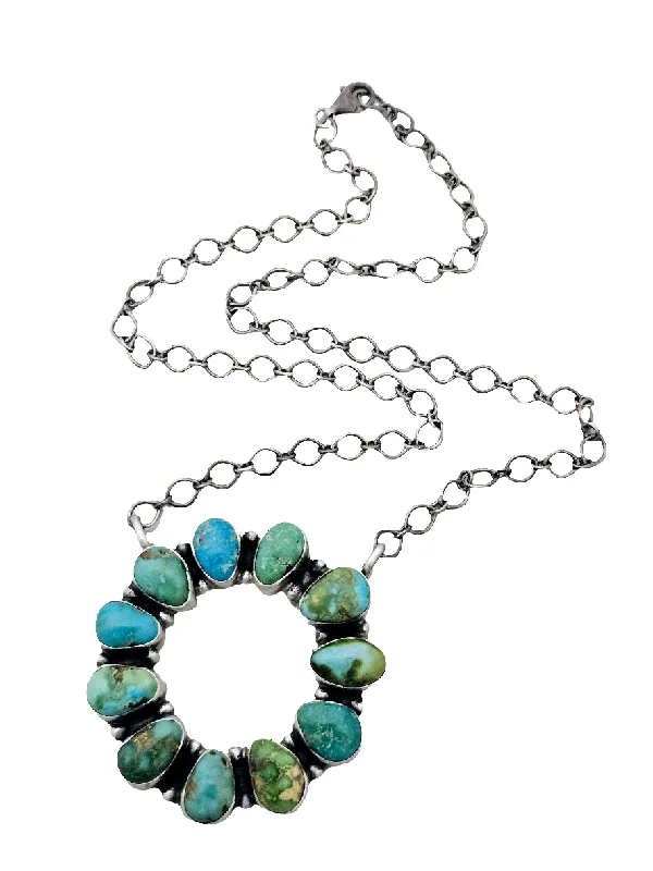 women's gold necklaces -Stamped Sterling Silver Sonoran Turquoise 11 Stone Round Necklace