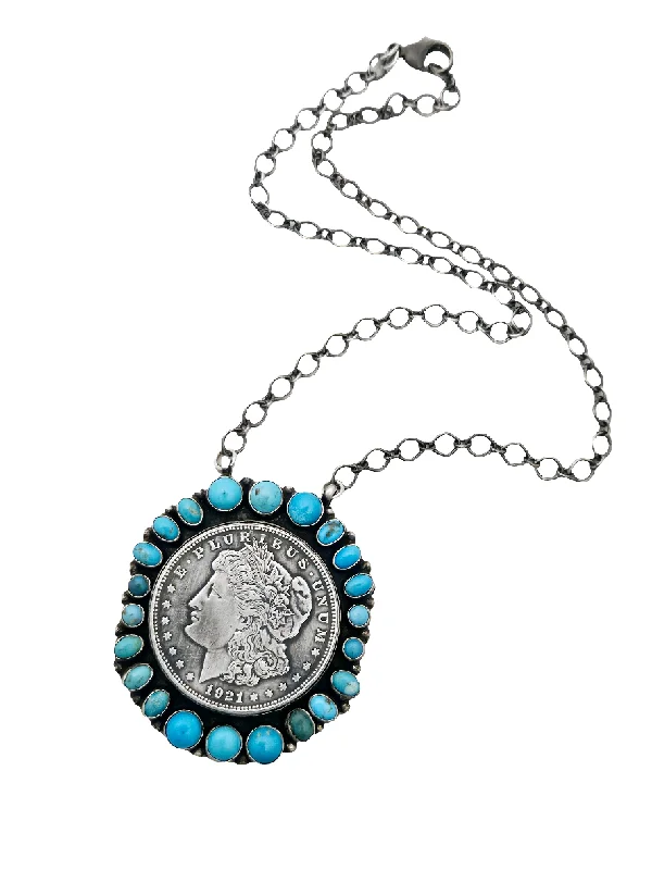 luxurious necklaces for women -Stamped Sterling Silver Turquoise Morgan Dollar Mercury Coin Necklace