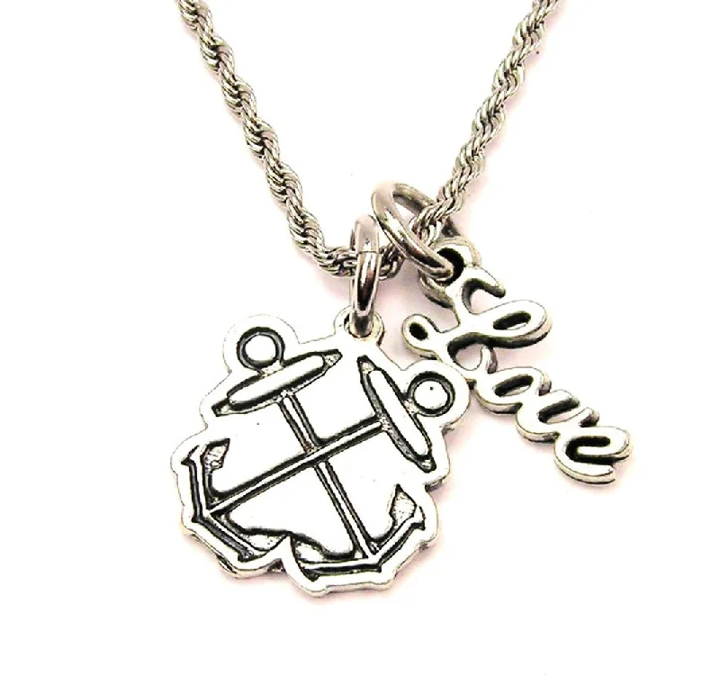 luxurious necklaces for women -Boatswain Crossed Anchors 20" Chain Necklace With Cursive Love Accent