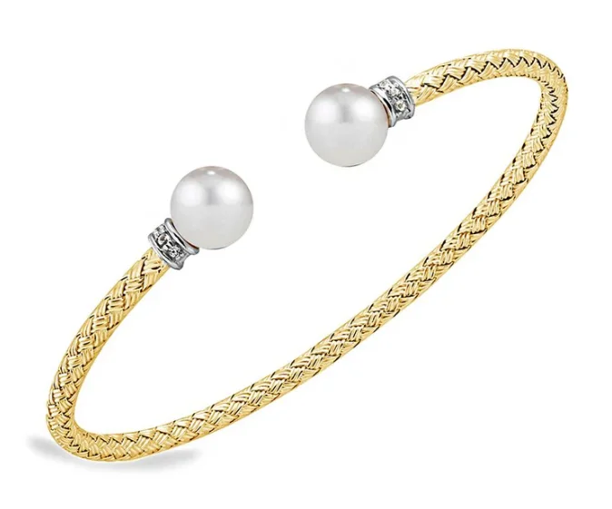 charm bracelets for women -SS Yellow Gold Plated 3mm Mesh Cuff with Freshwater Pearl & CZ