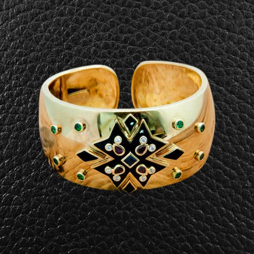 romantic bracelets for her -Gold Cuff with Rubies, Tsavorite, Onyx & Diamonds