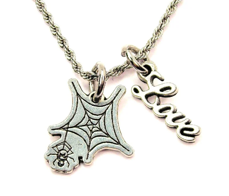 elegant necklaces for women -Spider Hanging From Web 20" Chain Necklace With Cursive Love Accent