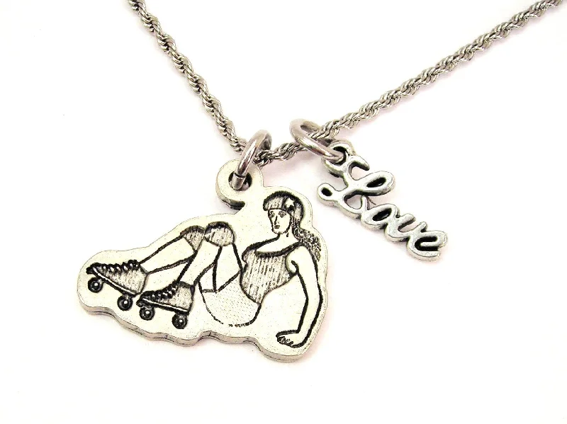 bohemian necklaces for women -Roller Derby Girl On All Fours 20" Chain Necklace With Cursive Love Accent