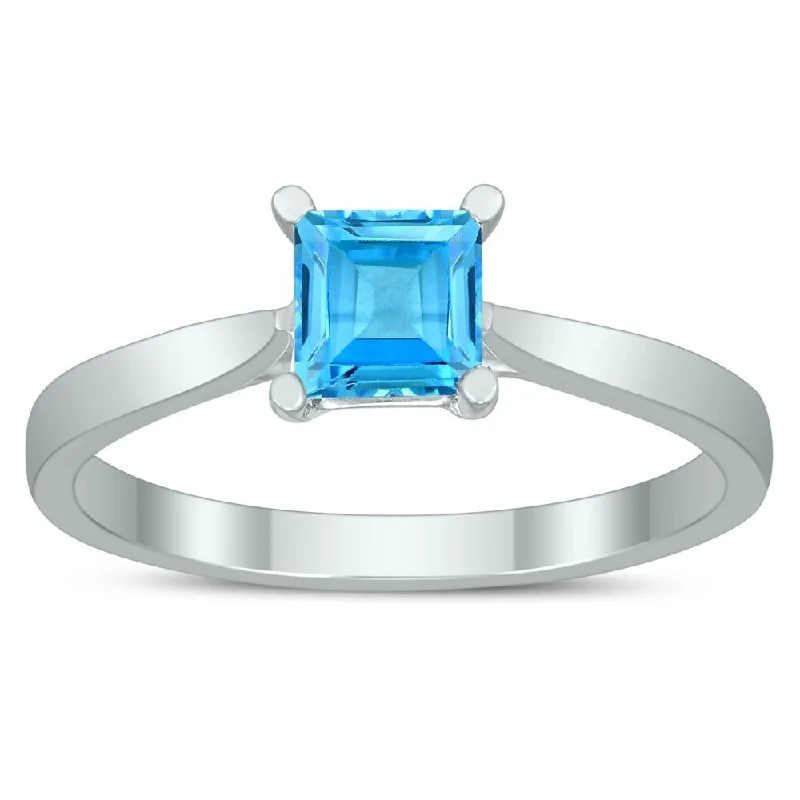 Square Princess Cut 5MM Blue Topaz Solitaire Ring in 10K White Gold