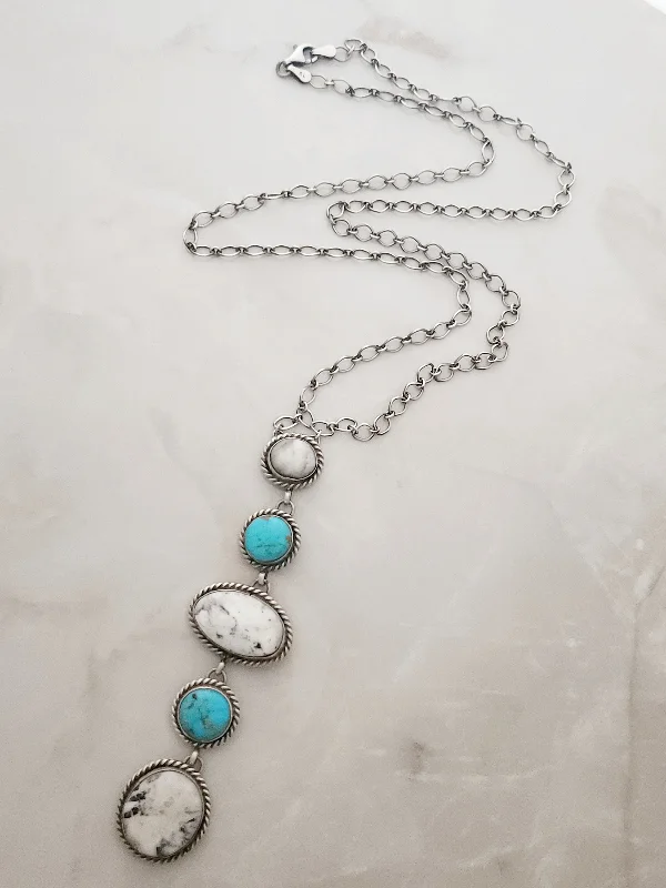 stylish necklaces for women -Stamped Sterling Silver Turquoise & White Buffalo 5 Stone Lariat Drop Necklace