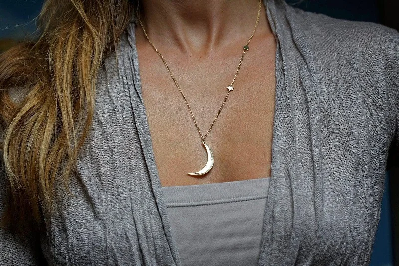 gold heart-shaped necklaces -14k Gold Crescent Moon Necklace with Bohemian Stars