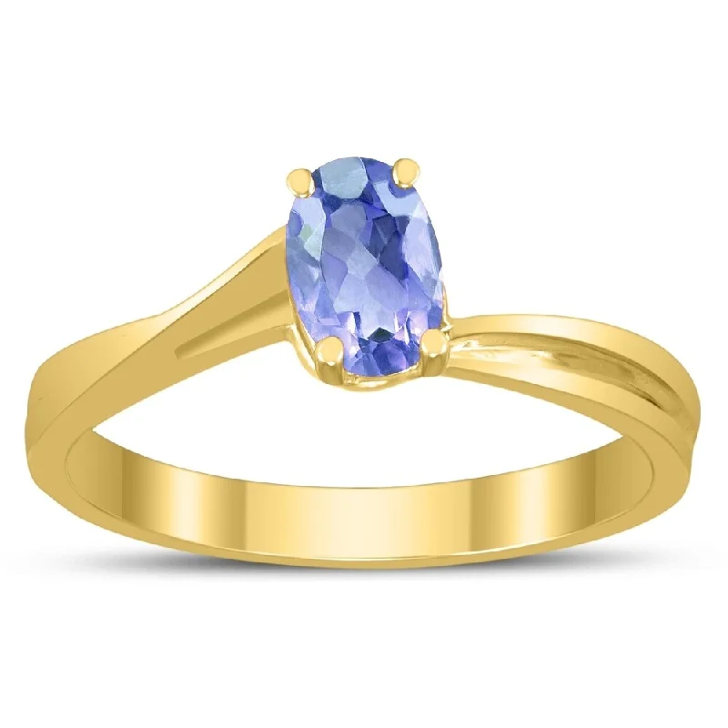 Solitaire Oval 6X4MM Tanzanite Gemstone Twist Ring in 10K Yellow Gold