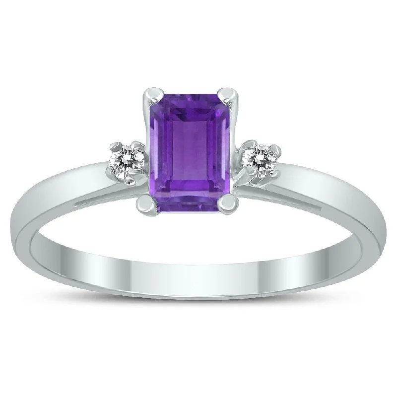 Emerald Cut 6X4MM Amethyst and Diamond Three Stone Ring in 10K White Gold