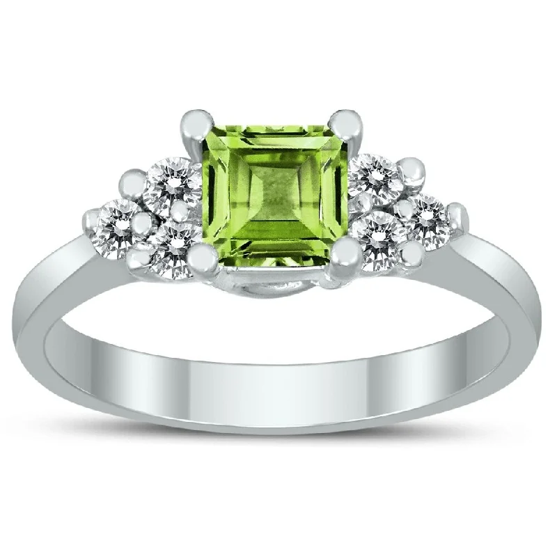 Princess Cut 5X5MM Peridot and Diamond Duchess Ring in 10K White Gold