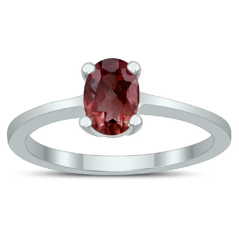 Oval Solitaire 7X5MM Garnet Ring in 10K White Gold