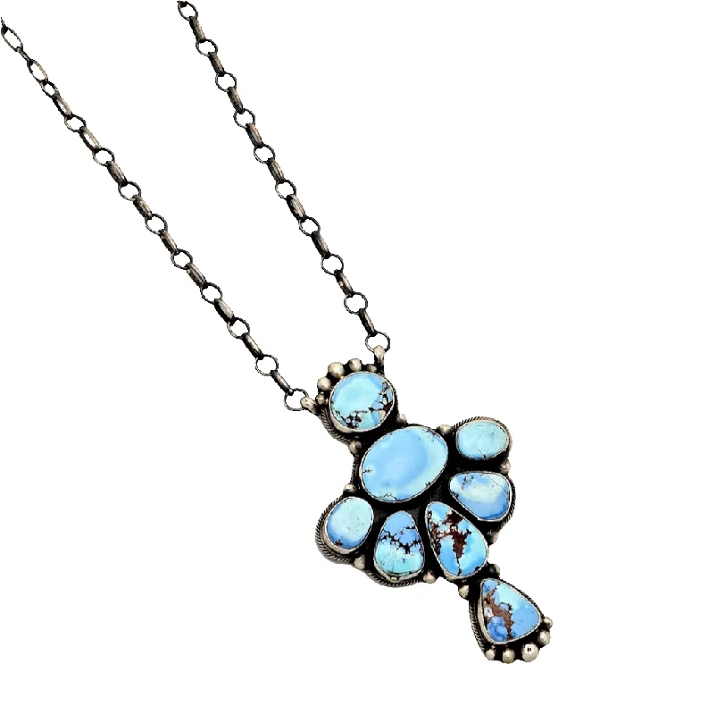 birthday gift necklaces for women -Stamped Sterling Silver Golden Hills Turquoise Cluster Drop Necklace