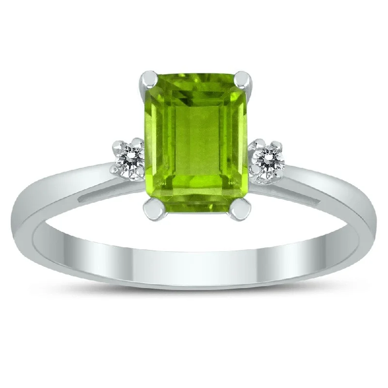 Emerald Cut 7X5MM Peridot and Diamond Three Stone Ring in 10K White Gold