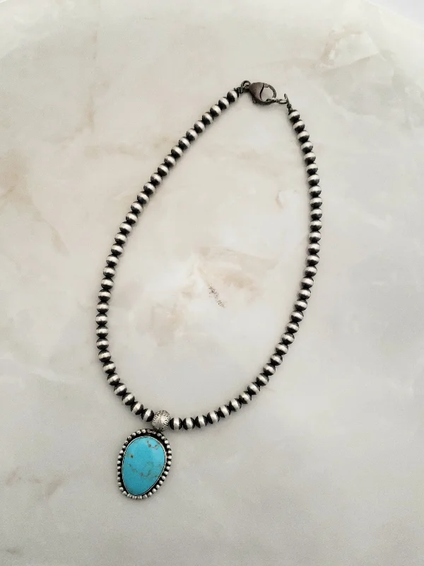 delicate necklaces for women -Stamped Sterling Silver Turquoise Navajo Pearl Beaded Necklace