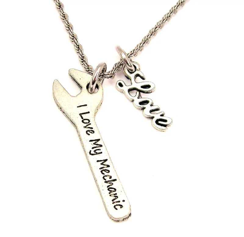 heart necklaces for women -I Love My Mechanic 20" Chain Necklace With Cursive Love Accent