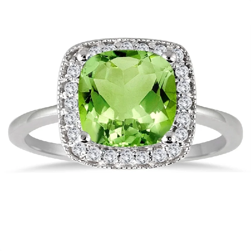 Cushion Cut Peridot and Diamond Halo Ring in 14K White Gold