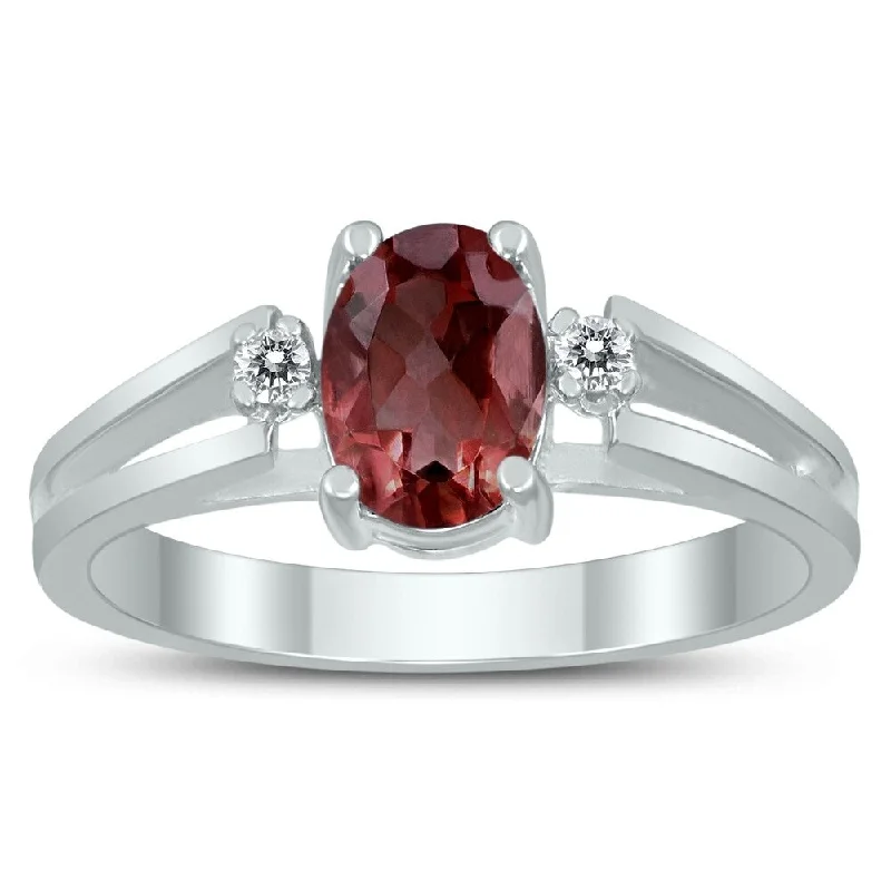 7X5MM Garnet and Diamond Open Three Stone Ring in 10K White Gold