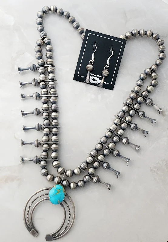 layered necklaces for women -Phil Garcia Sterling Silver Oxidized Turquoise Squash Blossom Necklace & Earring Set