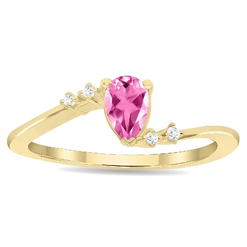 Women's Pear Shaped Pink Topaz and Diamond Wave Ring in 10K Yellow Gold