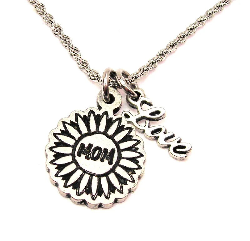 long chain necklaces for women -Mom Flower 20" Chain Necklace With Cursive Love Accent