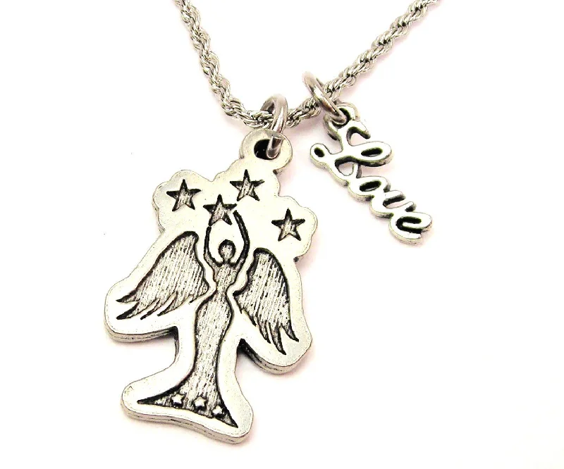 moonstone necklaces for women -Angel With Stars 20" Chain Necklace With Cursive Love Accent