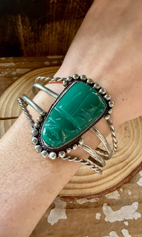 leather bracelets for women -VINTAGE MEXICAN SILVER and Green Cuff • 32g