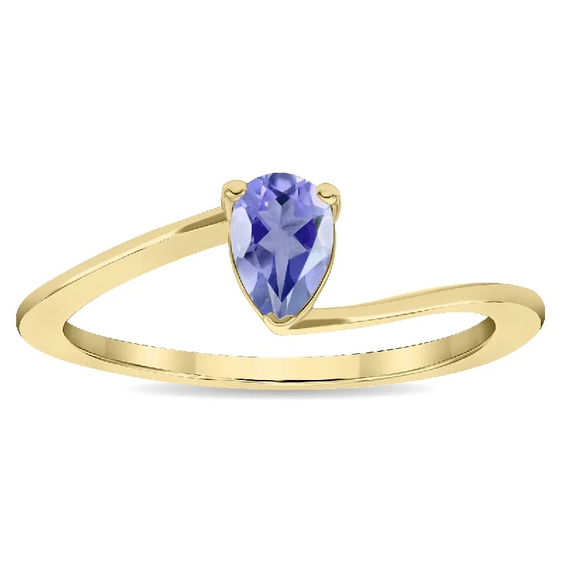 Women's Solitaire Pear Shaped Tanzanite Wave Ring in 10K Yellow Gold