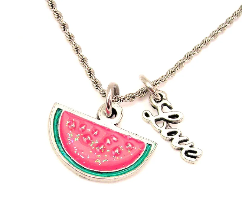 short necklaces for women -Summer Watermelon Slice Hand Painted Epoxy 20" Chain Necklace With Cursive Love Accent