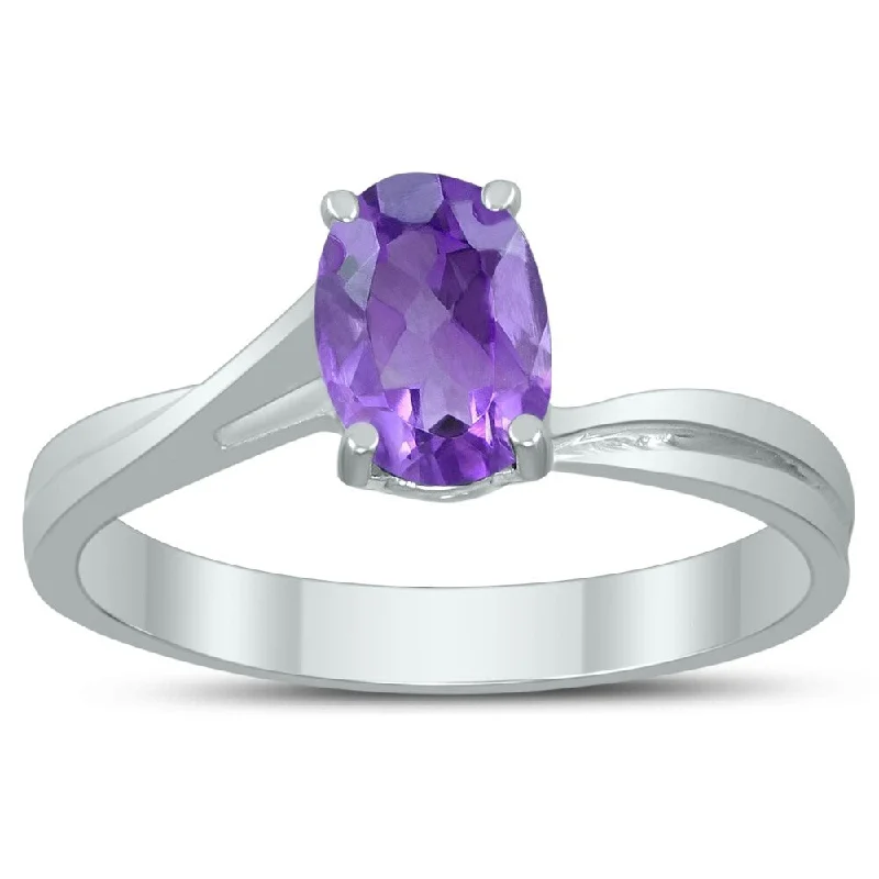 Solitaire Oval 7X5MM Amethyst Gemstone Twist Ring in 10K White Gold