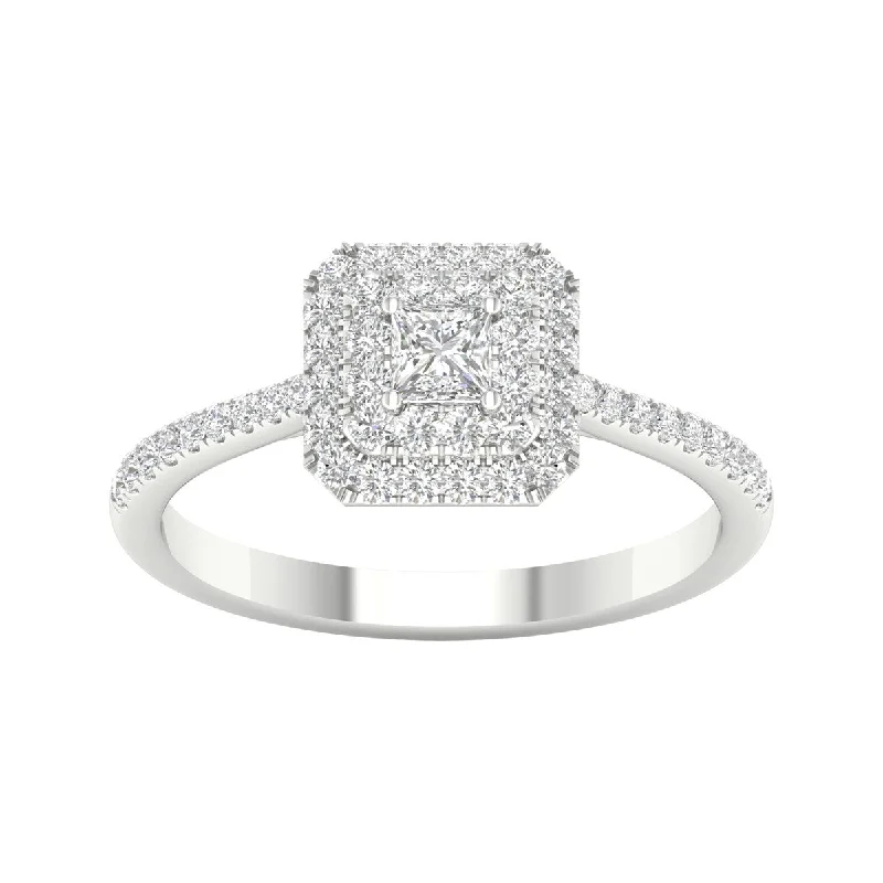 1/2ct TDW Princess Cut Diamond Halo Ring in 10k Gold by De Couer