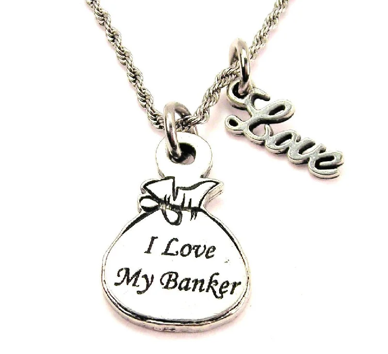 bohemian necklaces for women -I Love My Banker 20" Chain Necklace With Cursive Love Accent