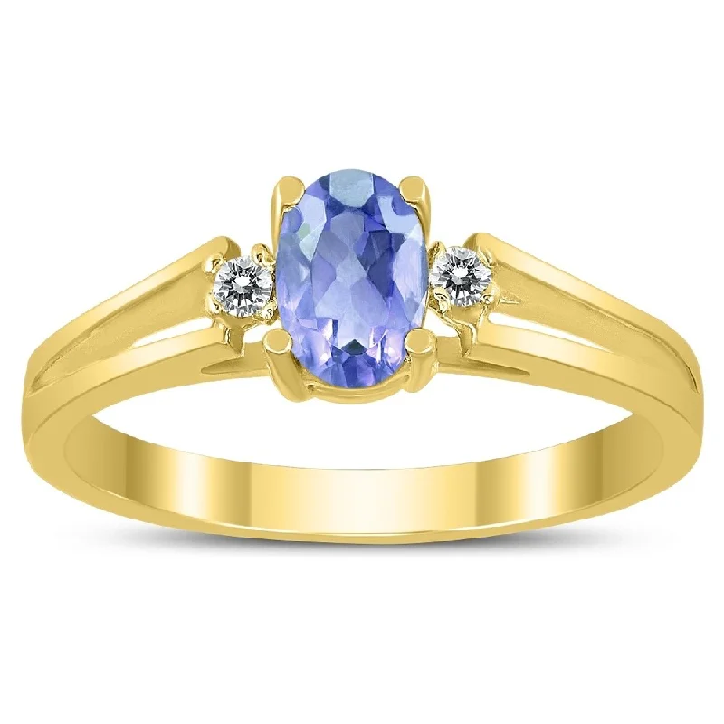 6X4MM Tanzanite and Diamond Open Three Stone Ring in 10K Yellow Gold