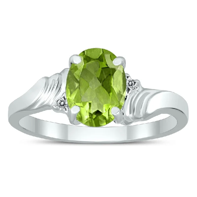 8X6MM Peridot and Diamond Wave Ring in 10K White Gold