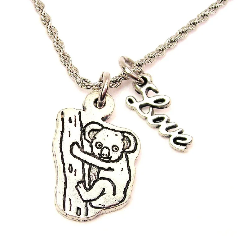 adjustable gold necklaces for women -Koala On A Tree 20" Chain Necklace With Cursive Love Accent