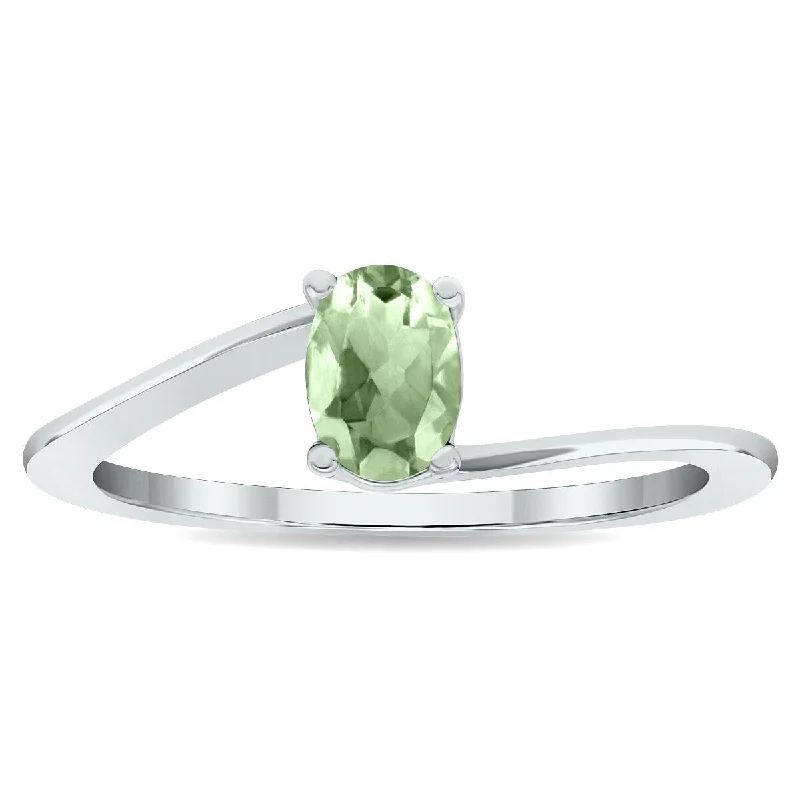 Women's Solitaire Green Amethyst Wave Ring in 10K White Gold