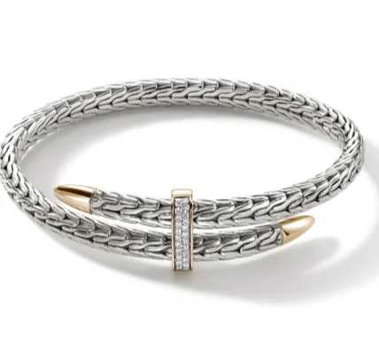 elegant bangles for women -Spear 14K Gold & Silver 0.24cttw Diamond Pave Bypass Flex Cuff Sz M by John Hardy