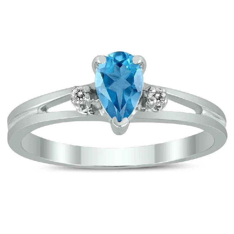 6X4MM Blue Topaz and Diamond Pear Shaped Open Three Stone Ring in 10K White Gold