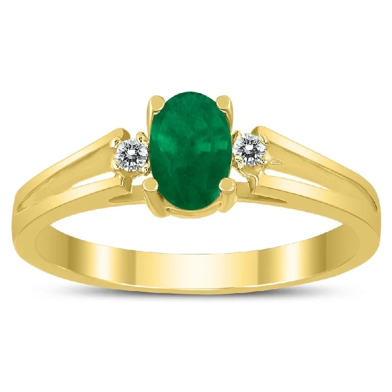 6X4MM Emerald and Diamond Open Three Stone Ring in 10K Yellow Gold