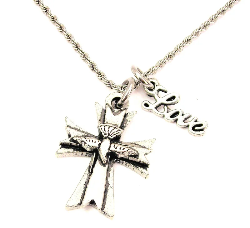 minimalist necklaces for women -Diving Dove Cross 20" Chain Necklace With Cursive Love Accent