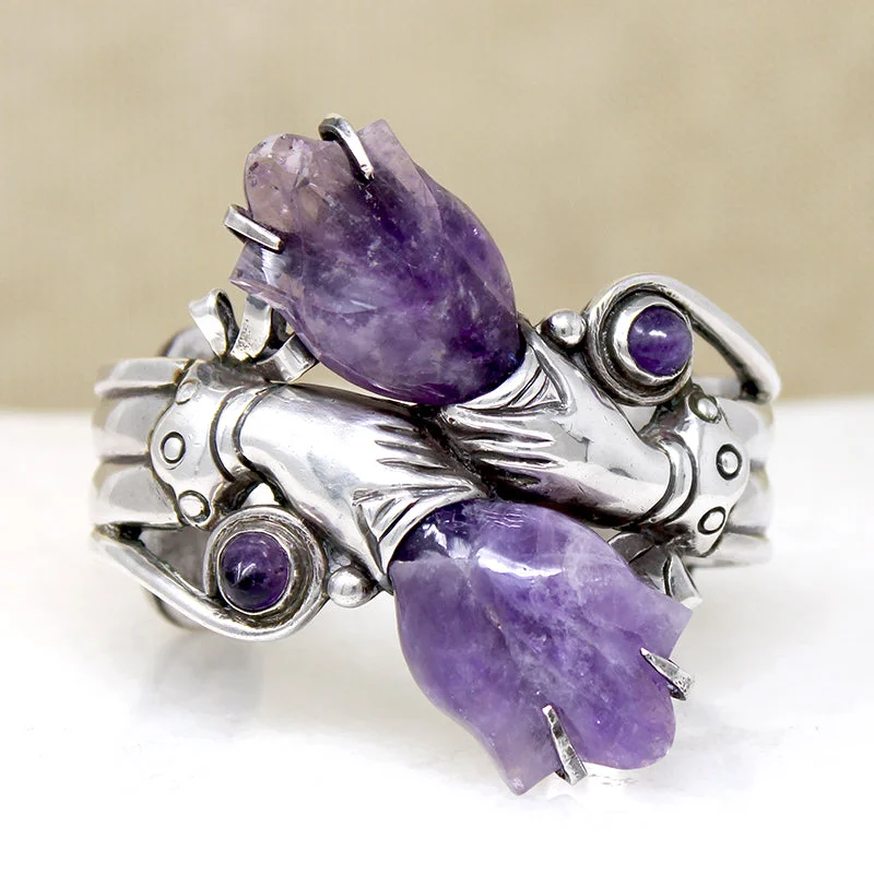 spiral bangles for women -Breathtaking Spratling Silver & Amethyst Flower Cuff