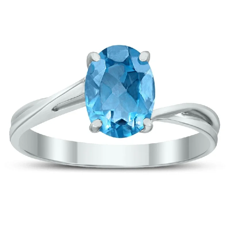 Solitaire Oval 8X6MM Blue Topaz Gemstone Twist Ring in 10K White Gold