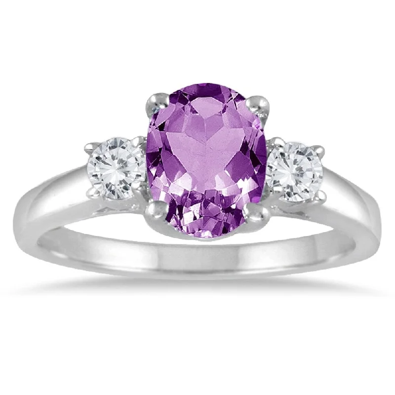 1 3/4 Carat Amethyst and Diamond Three Stone Ring 14K White Gold