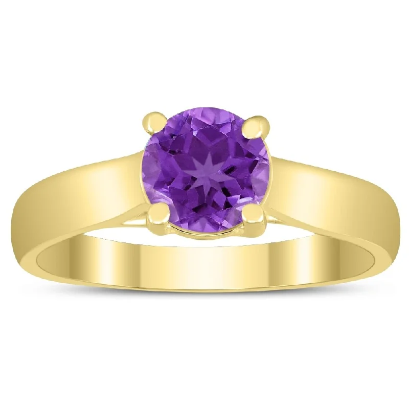 Round 6MM Amethyst Cathedral Solitaire Ring in 10K Yellow Gold