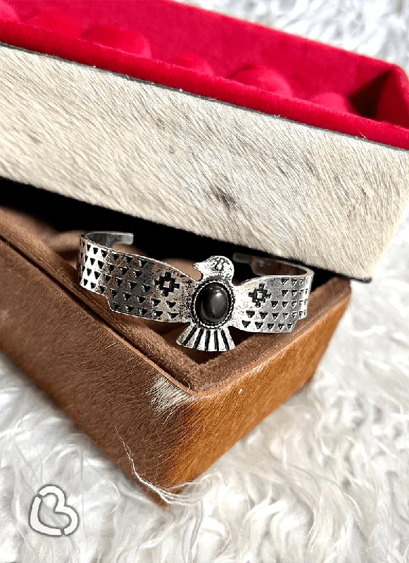 birthstone bracelets for women -Thunderbird Silver Cuff with Black Stone