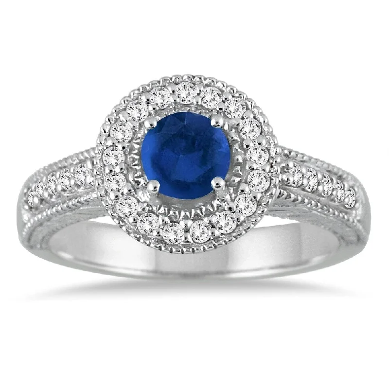 Sapphire and Diamond Halo Ring in 10K White Gold