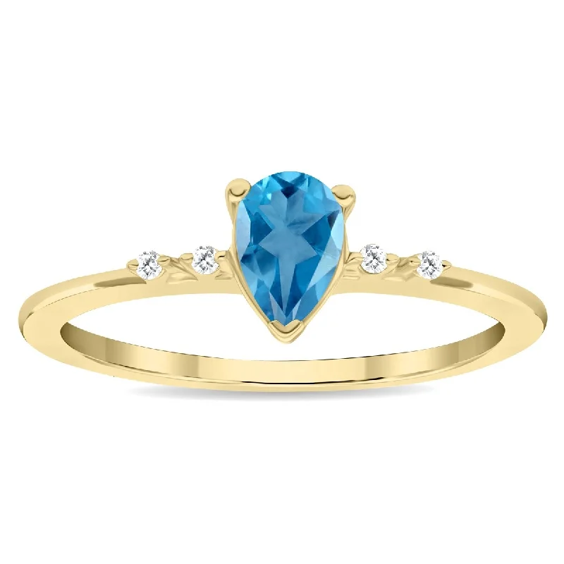 Women's Pear Shaped Blue Topaz and Diamond Sparkle Ring in 10K Yellow Gold