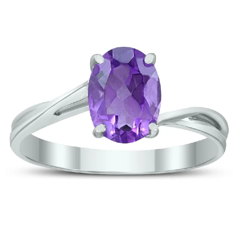 Solitaire Oval 8X6MM Amethyst Gemstone Twist Ring in 10K White Gold